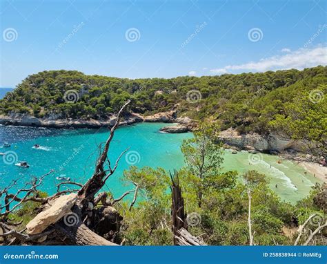 View Of Turquoise Sea In Beautiful Bay Cala Mitjaneta In Menorca Stock