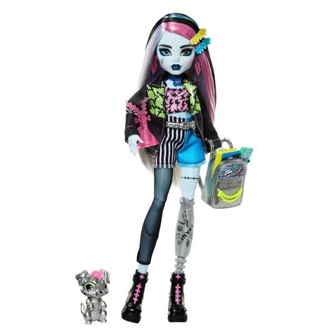 Monster High Frankie Stein Poseable Doll with Denim Outfit, Pet Dog ...
