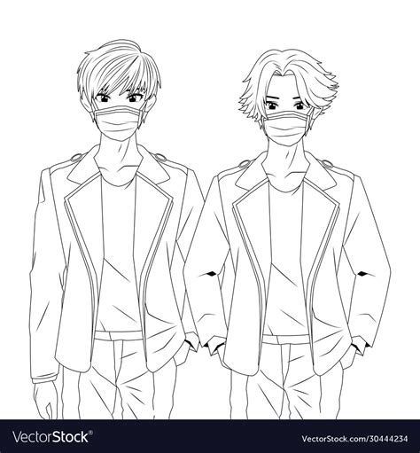 Young boys using face masks anime characters Vector Image