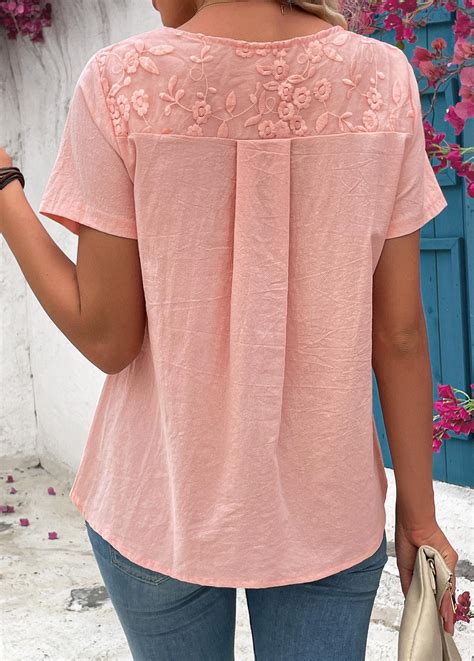 Tuck Stitch Light Pink Short Sleeve Round Neck Blouse