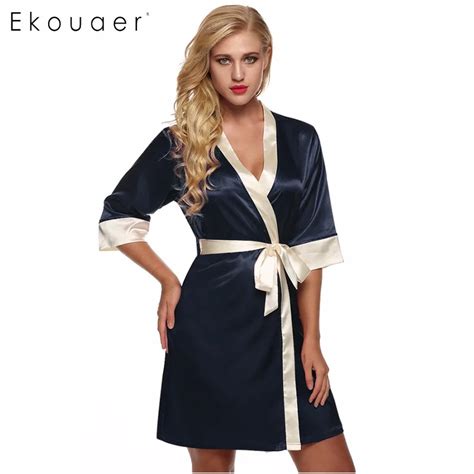 Ekouaer Women Satin Robe Nightwear Mini Kimono Bathrobes Solid V Neck