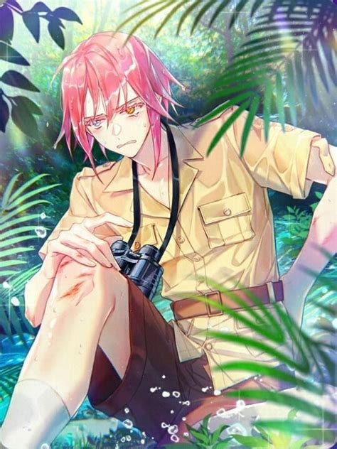 A Man With Pink Hair And Glasses Sitting In The Jungle