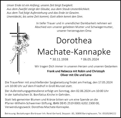 Traueranzeigen Von Dorothea Machate Kannapke Trauer Anzeigen De