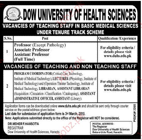 Dow University Of Health Sciences Jobs Job Advertisement Pakistan