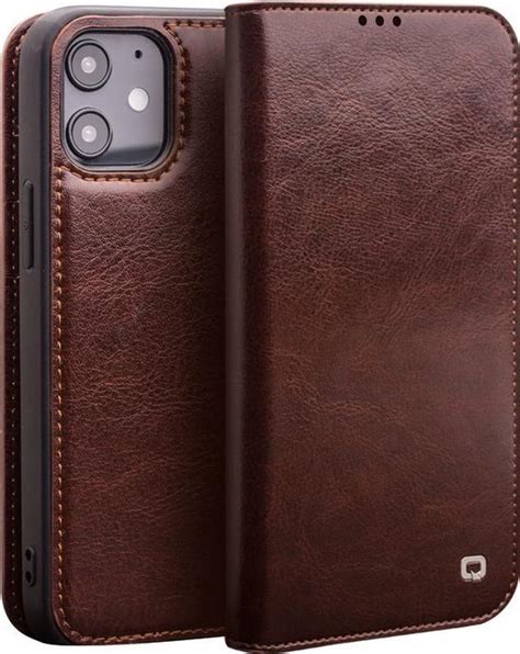 Qialino Echt Lederen Luxe Wallet Hoes IPhone 12 12 Pro Bruin