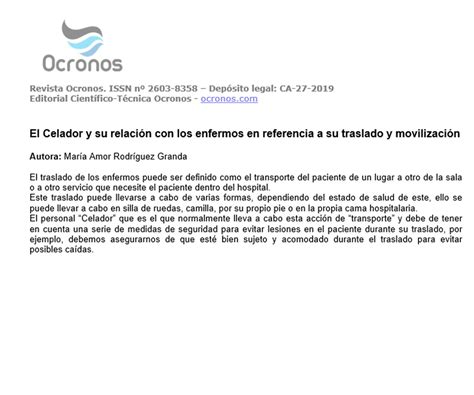 El Celador Y Su Relaci N Con Los Enfermos En Referencia A Su Traslado Y