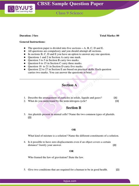 Cbse Sample Paper For Class 9 Science Set 1 Question Inh Pdf Gases