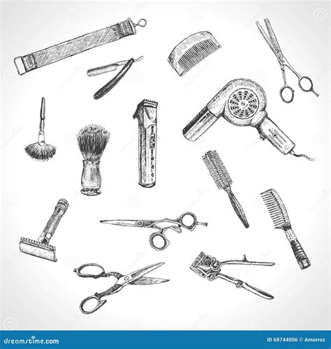 Hand Drawn Hairdressers Professional Tools Barber Stylist Tools Set