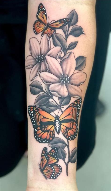 Flower And Monarch Butterfly Tattoo By Ace Wilde Monarch Butterfly Tattoo Butterfly Tattoo