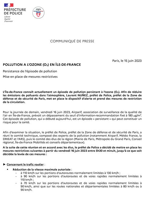 Communiqué de presse de la Préfecture de Police Pollution à l ozone