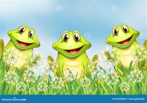 Three Happy Frogs In The Garden Stock Vector Illustration Of Smiling