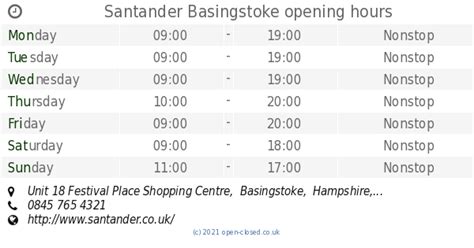 Santander Basingstoke opening times, Unit 18 Festival Place Shopping Centre, Basingstoke, Hampshire