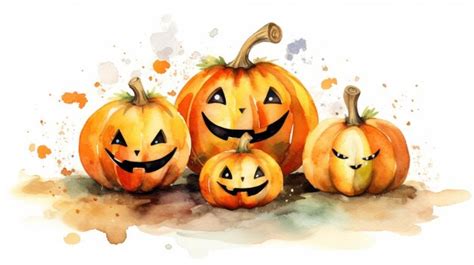 Watercolor painting of a Halloween pumpkins in light yellow colours ...