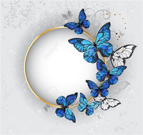 Round Gold Banner With Blue Butterflies Morpho On Gray Textural