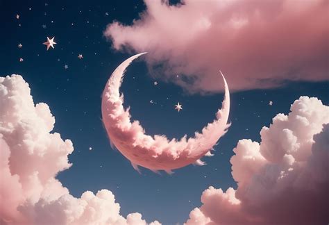 A Pink Crescent Moon With Stars Premium AI Generated Image