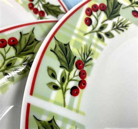 Christmas Dishes by Gibson Designs, Set of FOUR, Holly and Plaid 10 1/2 Inch Dinner Plates ...