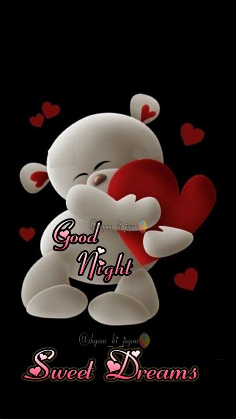 A White Teddy Bear Holding A Red Heart With The Words Good Night Sweet