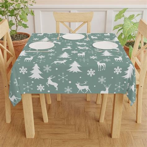 Sage Green Christmas Tablecloth Boho Reindeer Tablecloth Scandinavian