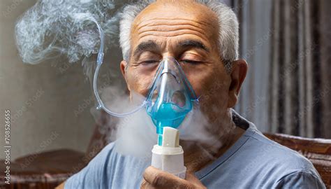 Old man wear oxygen inhaler device for helping breath respiratory ...