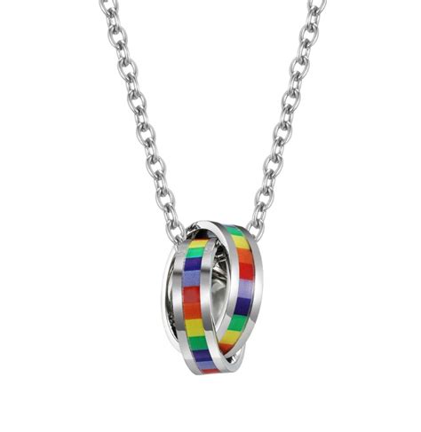 Stainless Steel Rainbow Lgbt Double Ring Pendant Necklace Wholesale