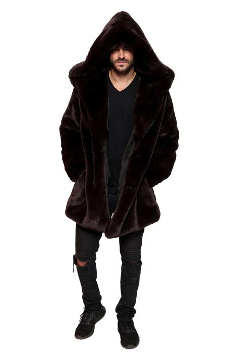 Men S Faux Fur Hooded Winter Coat In Brown Beaver Luxury Etsy