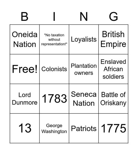 Us Revolutionary War Bingo Card