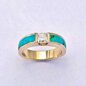 Gold And Turquoise Engagement Ring With Channel Set Diamond Southwest