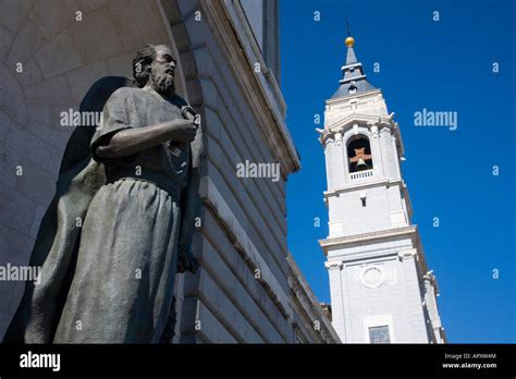 Madrid Spain Statue Of St Peter And Bell Tower Of The Catedral De