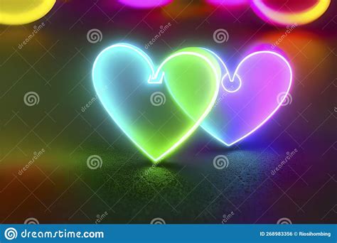 The Heart Shapes On Abstract Light Neon Glitter Background In Love