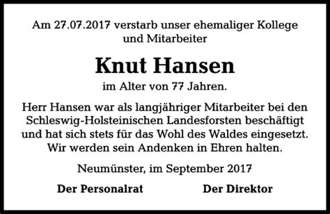 Traueranzeigen Von Knut Hansen Trauer Anzeigen De