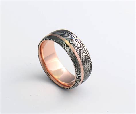 Genuine Stainless Damascus Steel And Rose Gold Mens Ring PD81