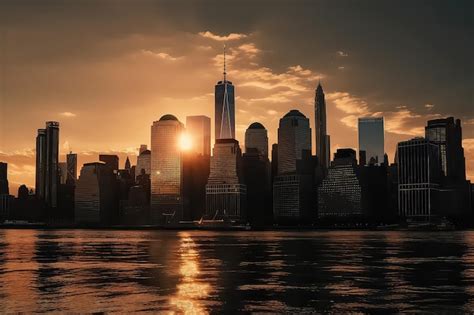 Horizonte De La Ciudad De Nueva York Con Rascacielos Al Atardecer Ai