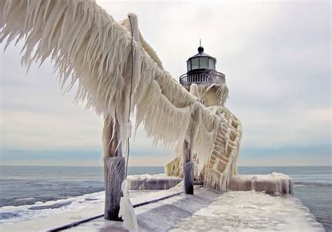 Frozen St Joseph North Pier On Lake Michigan USA Places To See In