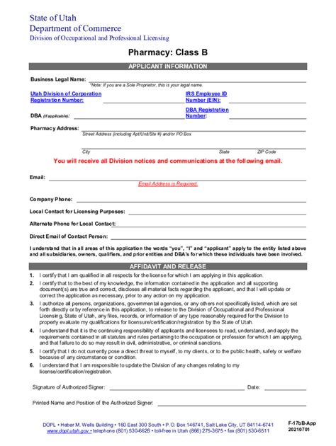 Fillable Online Dopl Utah Pharmacy Class B Application Pdf Fax Email