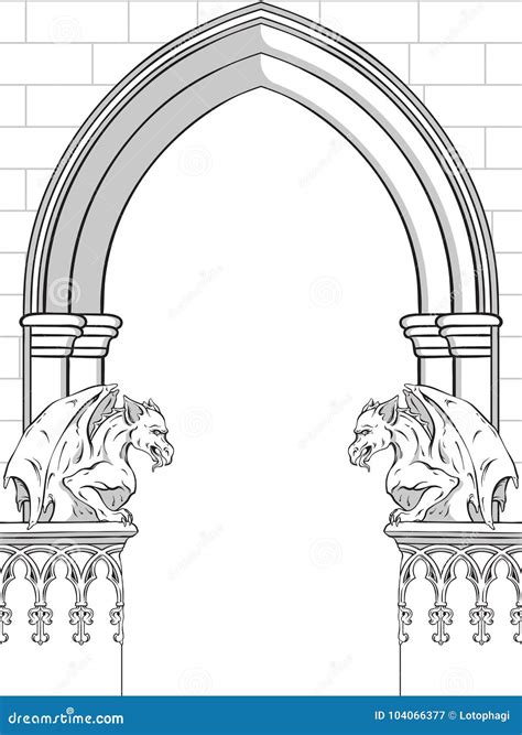 Gothic Arch With Gargoyles Hand Drawn Vector Illustration Frame Or