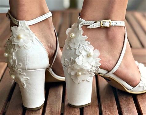 Last Sizes Block Heel Wedding White Sandals With Perls White Bridal