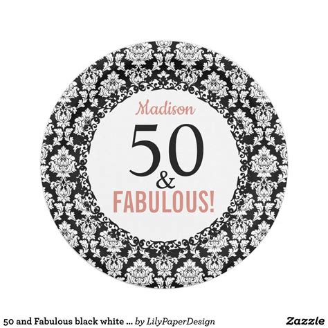 50 And Fabulous Black White Damask 50th Birthday Paper Plates Party