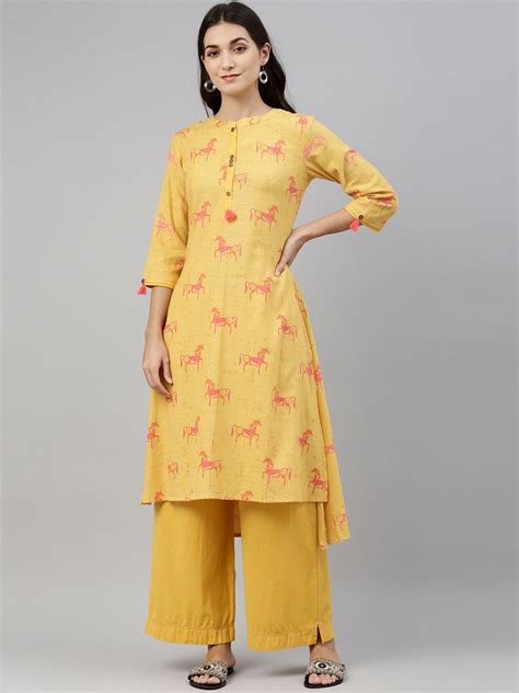 Buy Neerus Women Mustard Yellow Ethnic Motifs Printed Pure Cotton Kurta