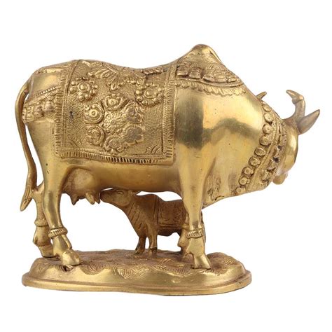 Handmade Golden Brass Kamdhenu Cow With Calf Idol