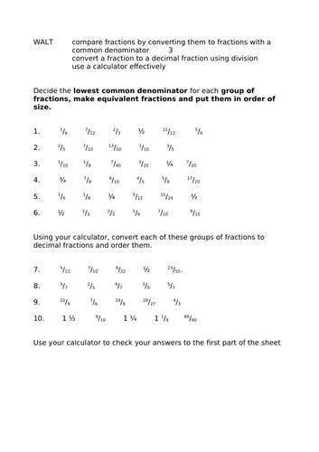 Differentiated Ordering Fractions Worksheet Teaching Resources