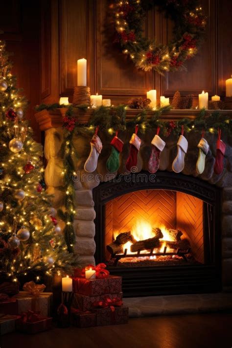 A Warm and Cozy Christmas Scene with a Fireplace, Decorated with Garlands and Stockings Stock ...