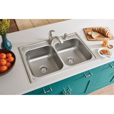 Moen Galvin Drop In 33 In X 22 In Stainless Steel Double Equal Bowl 2 Hole Kitchen Sink All In