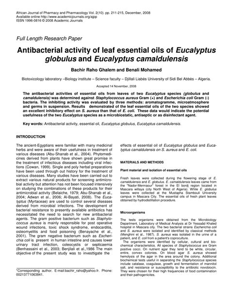 Pdf Antibacterial Activity Of Leaf Essential Oils Of Eucalyptus