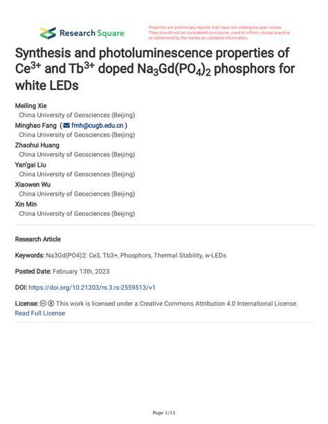 Pdf Synthesis And Photoluminescence Properties Of Ce And Tb Doped