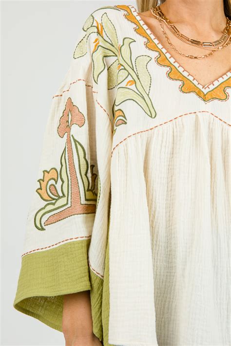 Embroidery Gauze Top Natural Sage New Arrivals The Blue Door Boutique