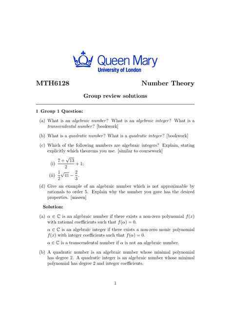 Review Solns Solutions MTH6128 Number Theory Group Review Solutions