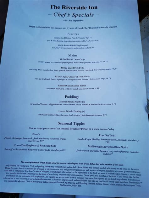 Menu At Riverside Inn Pub And Bar Cound Cound