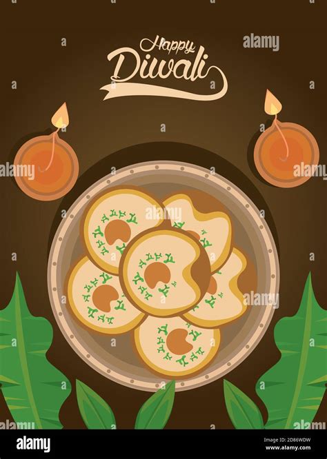 Happy Diwali Celebration With Two Candles And Food In Dish Vector