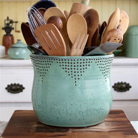 Extra Large Utensil Holder Aqua Mist — Back Bay Pottery