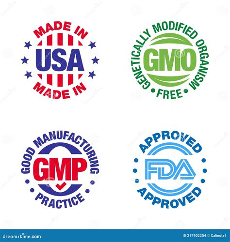 Four Product Badges Made In Usa Gmo Free Good Manufacturing Practice